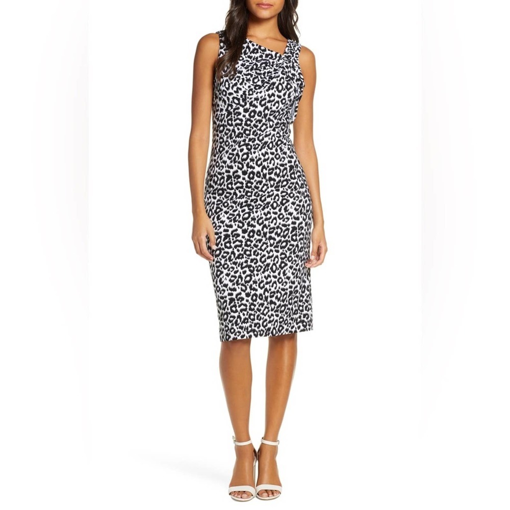 NWT Donna Ricco Animal Leopard Print Asyymetrical Neck Sheath Midi Dress Size 4